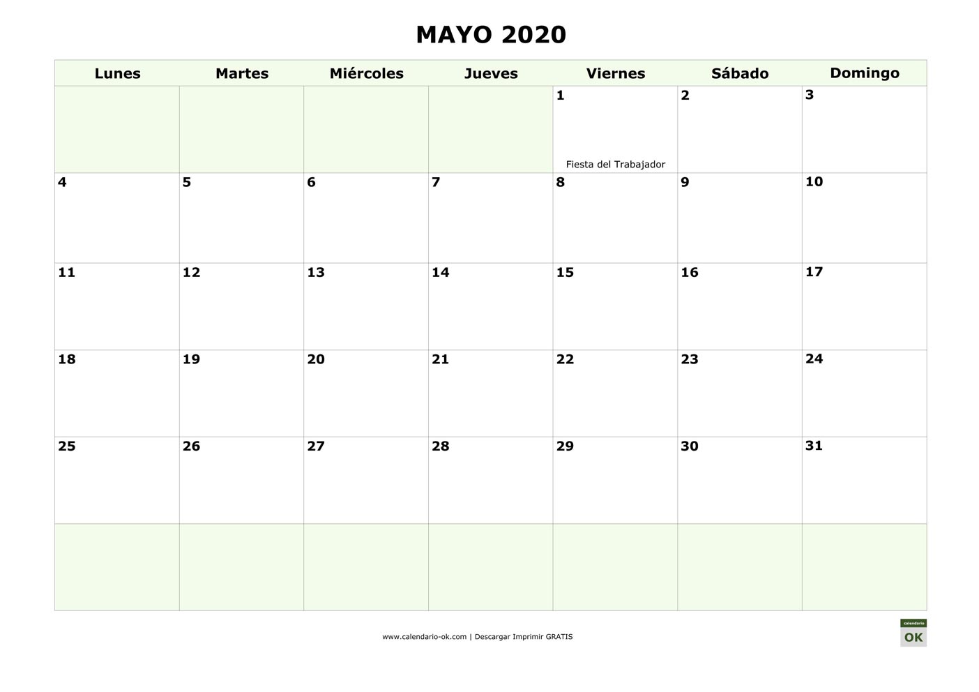 MAYO 2020 con días FESTIVOS NACIONALES