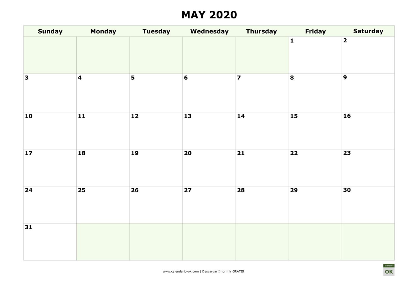 MAYO 2020 calendario en INGLES empieza por DOMINGO