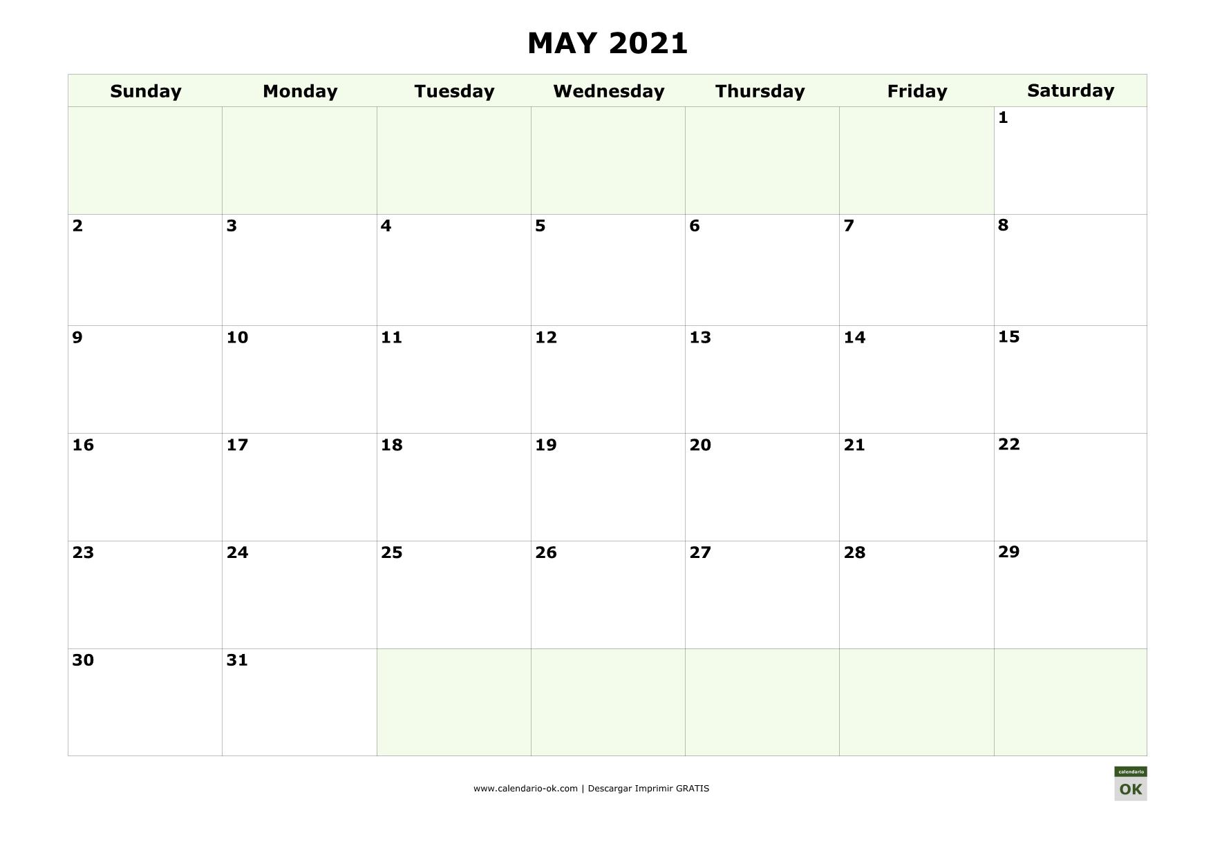MAYO 2021 calendario en INGLES empieza por DOMINGO