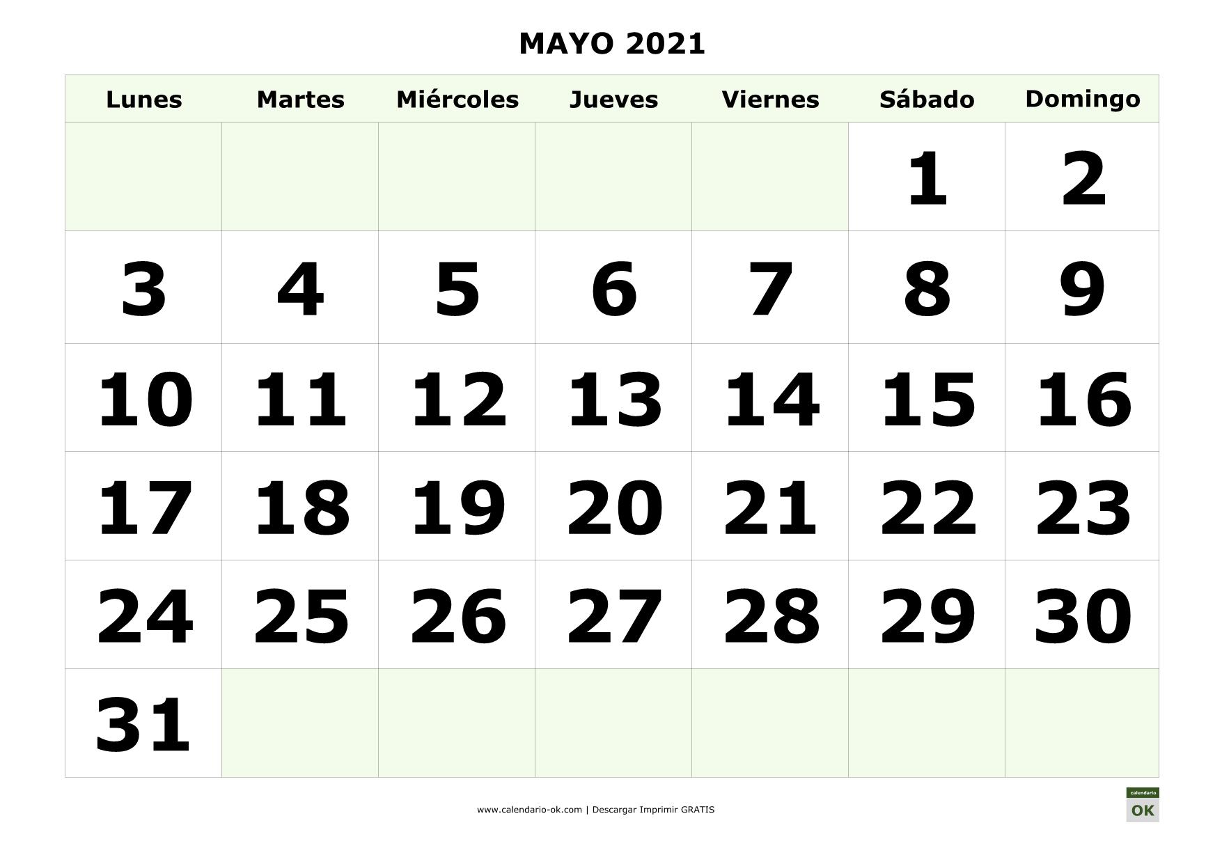 Calendario Del Mes De Mayo ▷ Plantilla Calendario 【MAYO 2021】 para IMPRIMIR PDF
