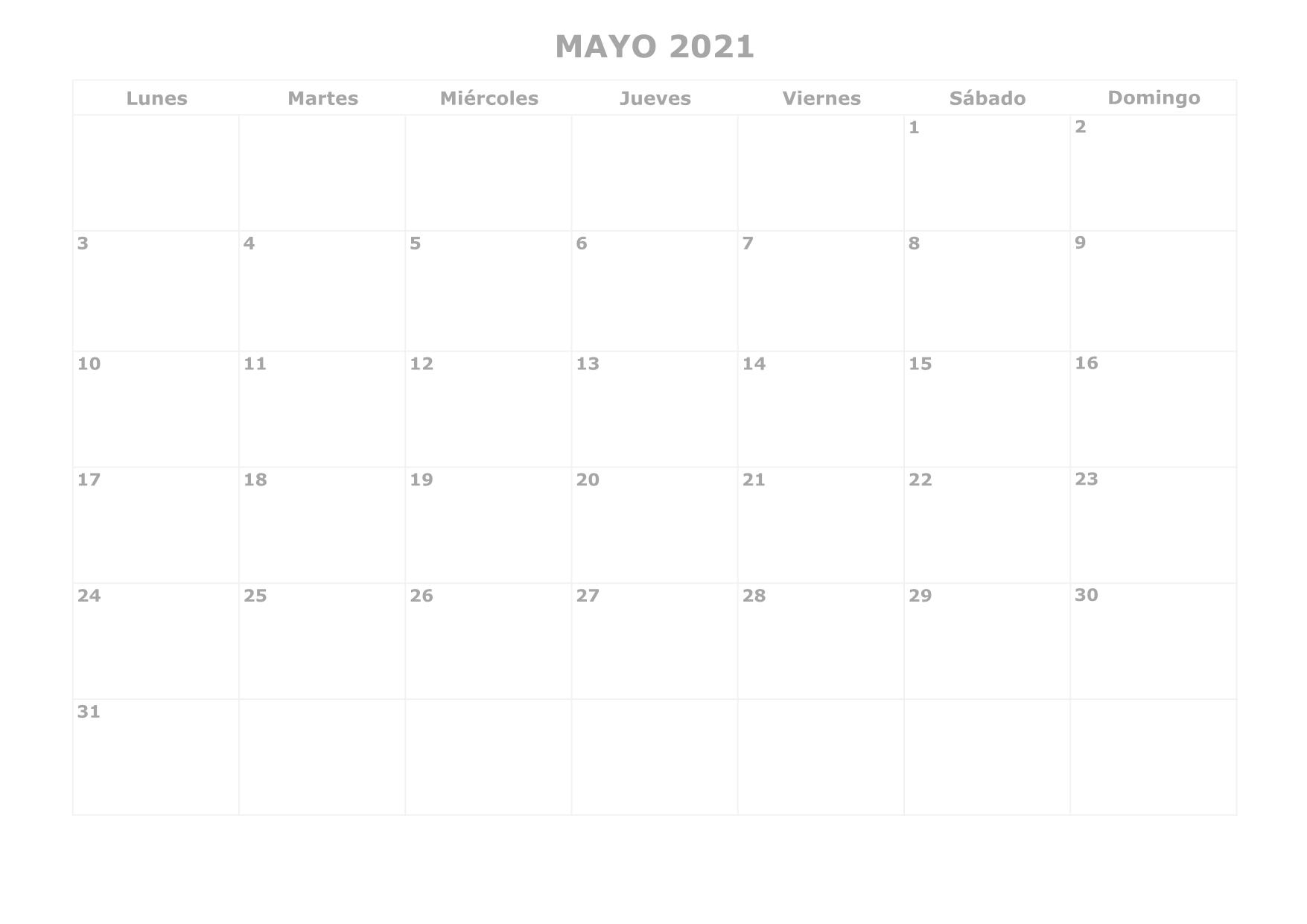 Mes De Mayo Calendario ▷ Plantilla Calendario 【MAYO 2021】 para IMPRIMIR PDF