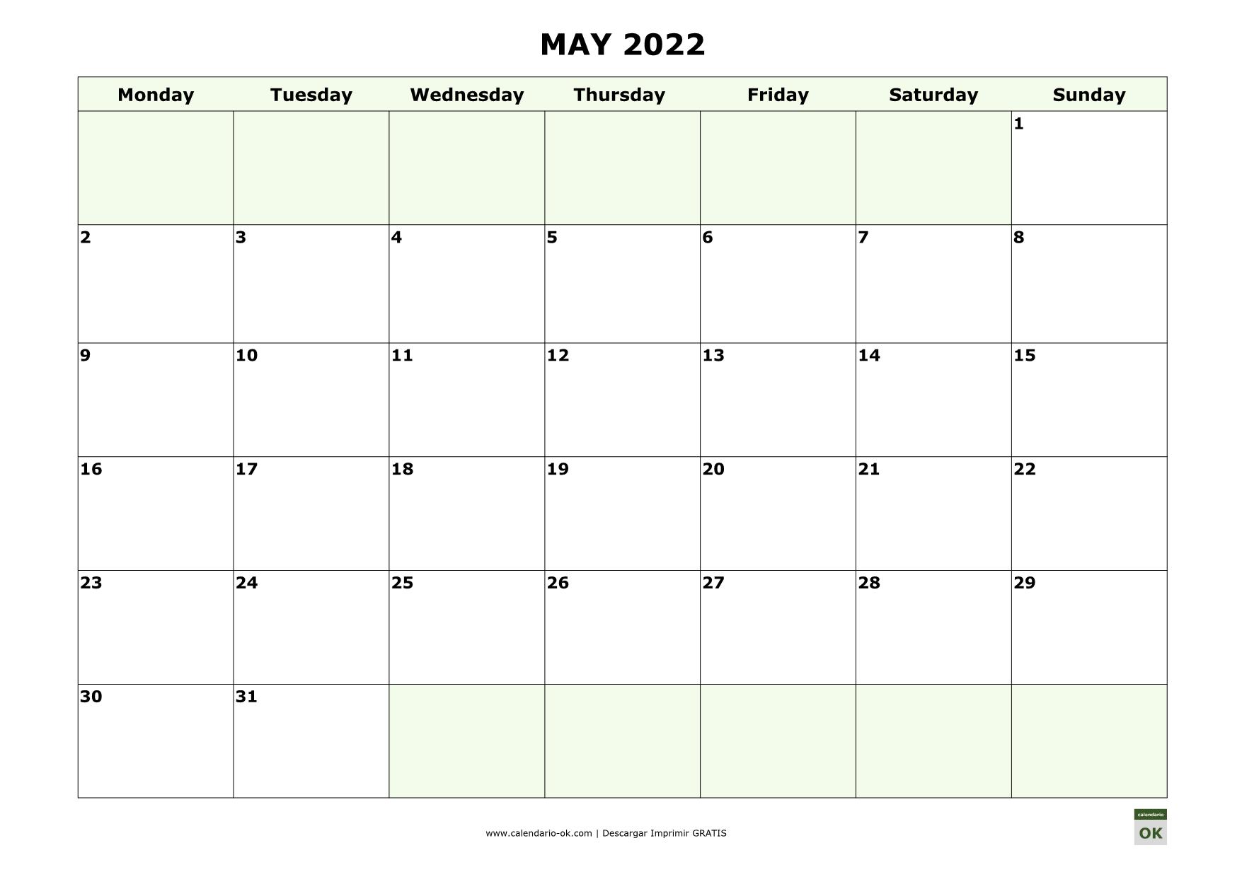 MAYO 2022 calendario en INGLES