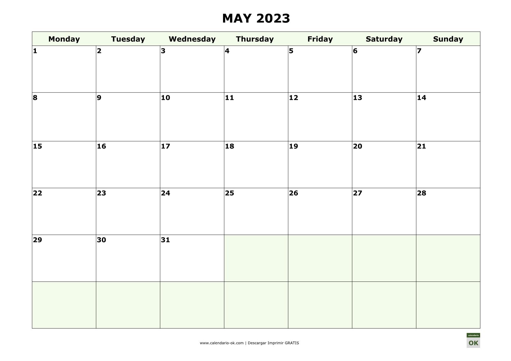 MAYO 2023 calendario en INGLES