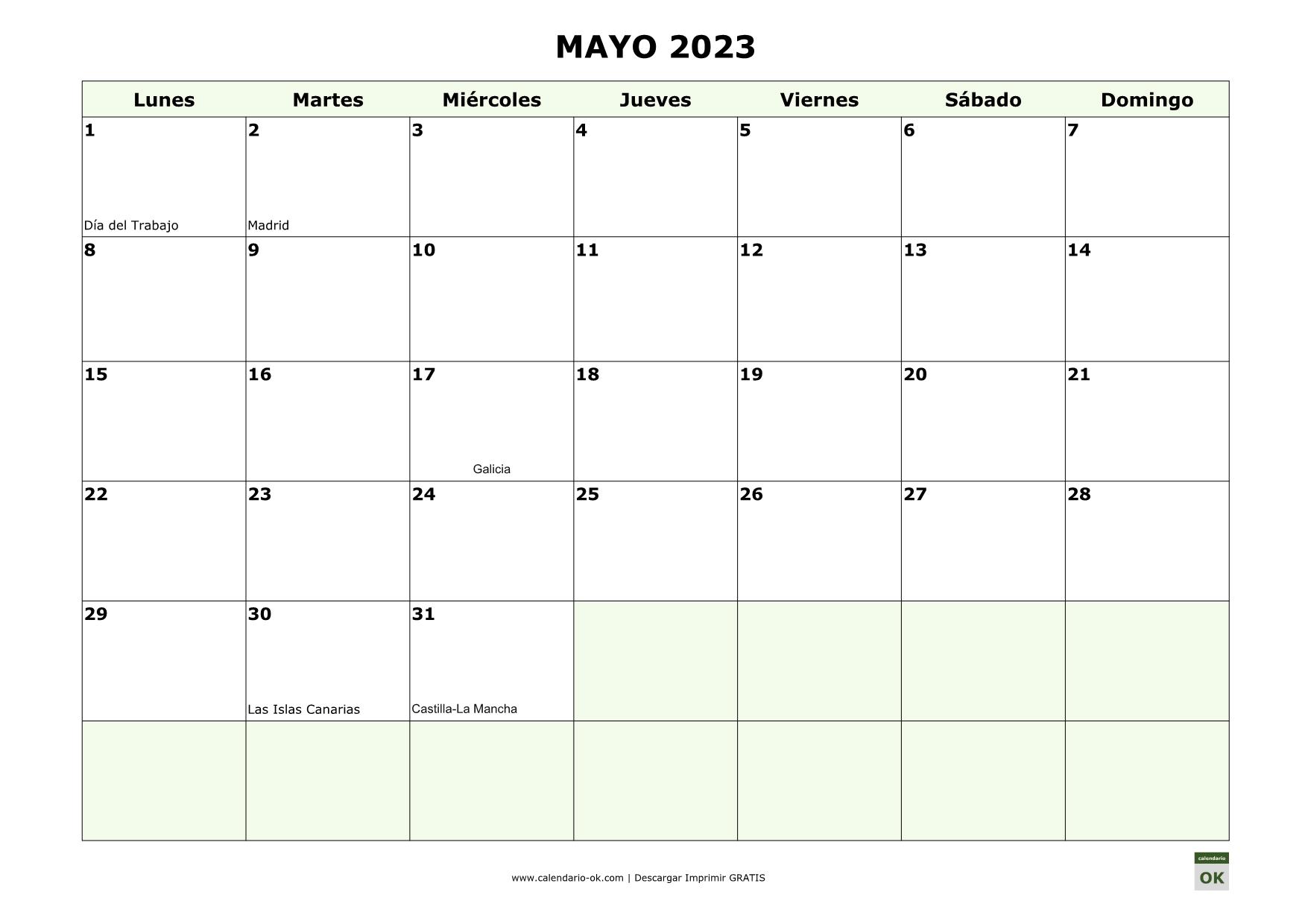 MAYO 2023 con días FESTIVOS DE COMUNIDADES AUTONOMAS