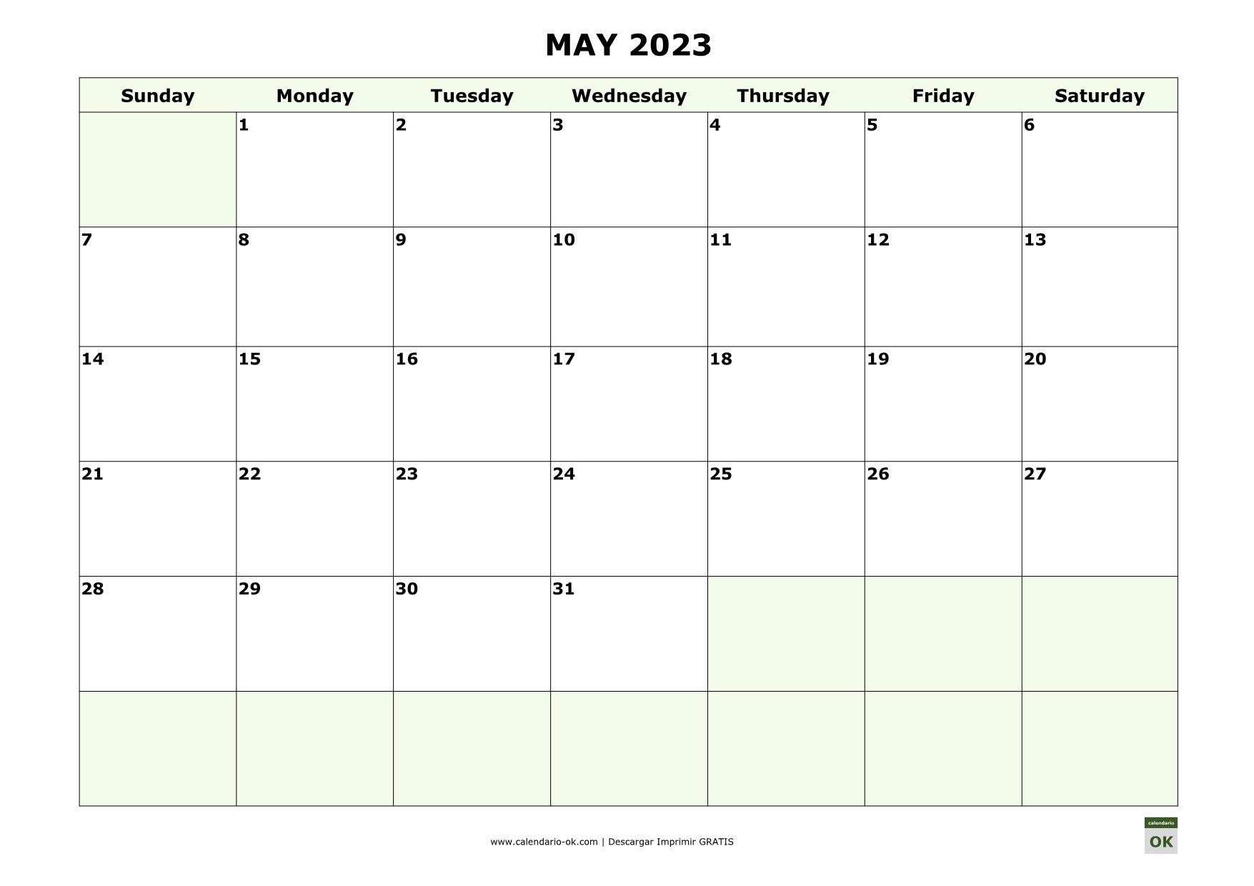 MAYO 2023 calendario en INGLES empieza por DOMINGO