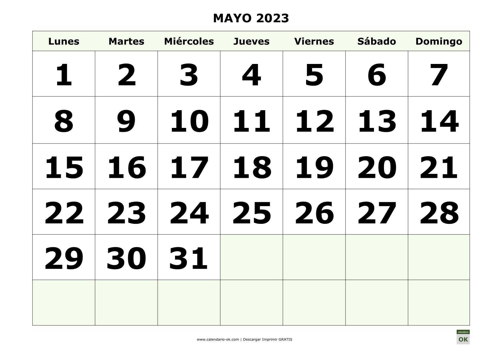 Mes De Mayo 2023 ▷ Plantilla Calendario 【MAYO 2023】 para IMPRIMIR PDF