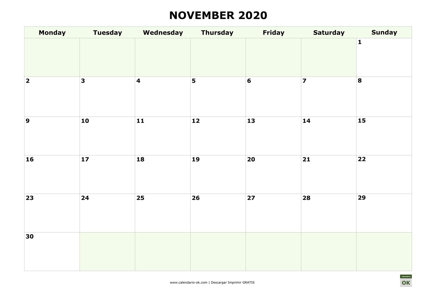 NOVIEMBRE 2020 calendario en INGLES