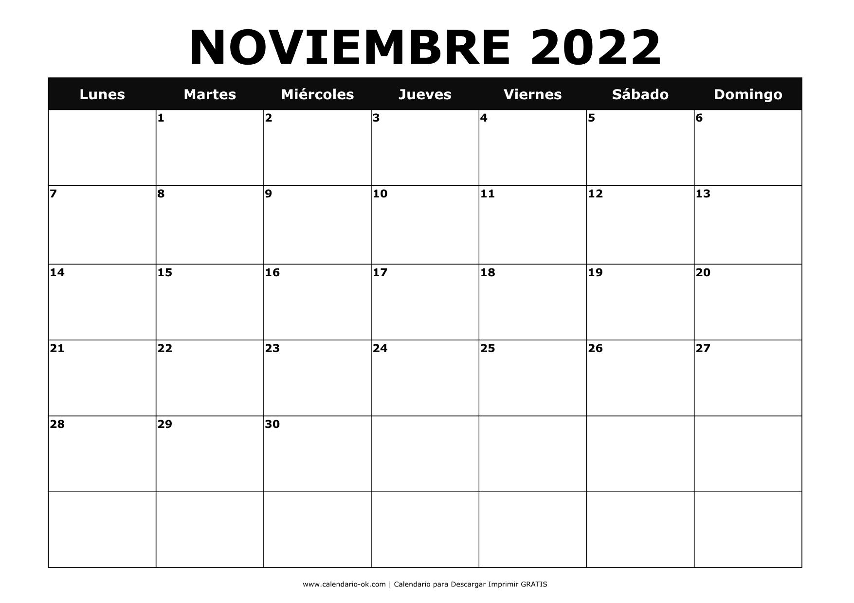 Mes De Noviembre 2022 ▷ Plantilla Calendario 【NOVIEMBRE 2022】 para IMPRIMIR