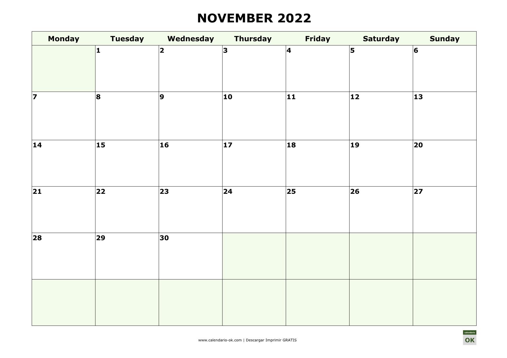NOVIEMBRE 2022 calendario en INGLES