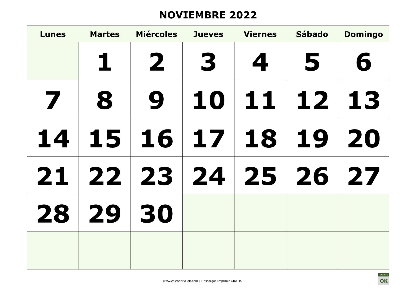 Mes De Noviembre 2022 ▷ Plantilla Calendario 【NOVIEMBRE 2022】 para IMPRIMIR