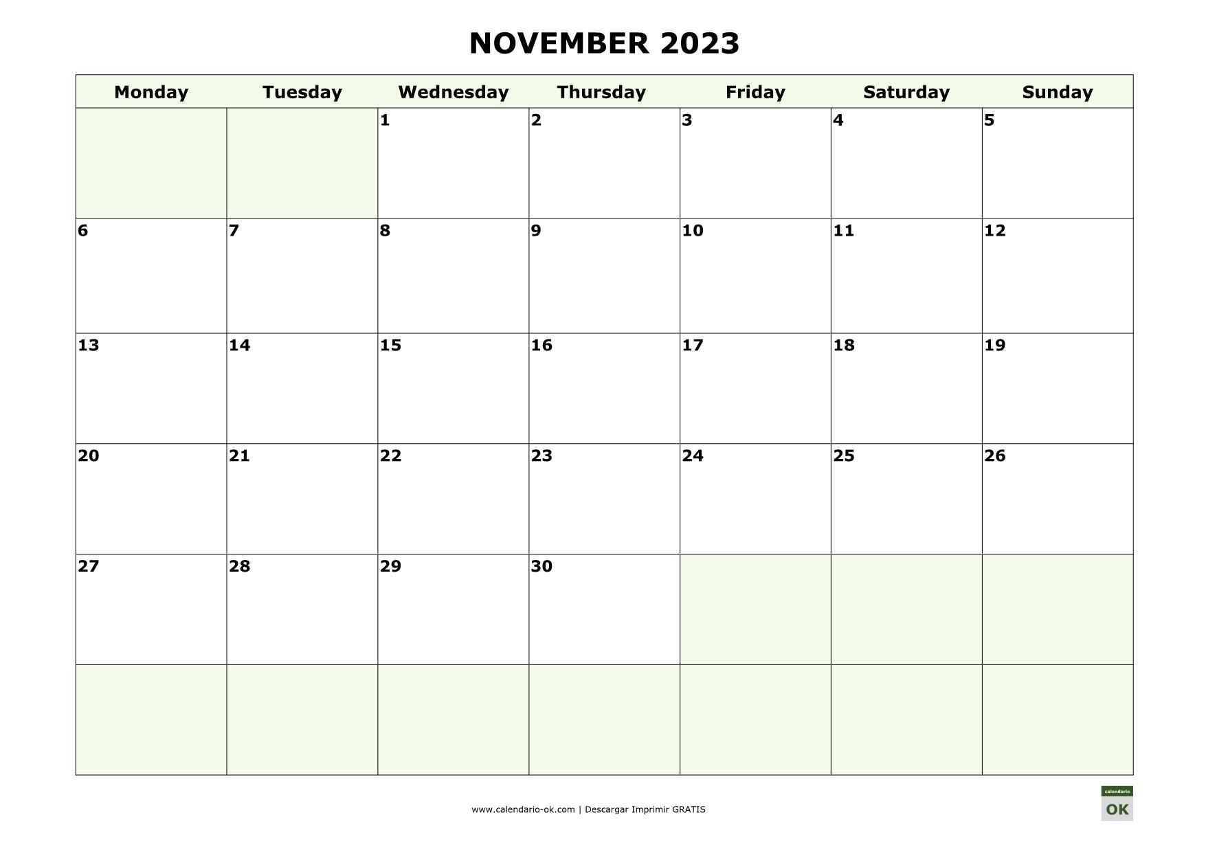 NOVIEMBRE 2023 calendario en INGLES