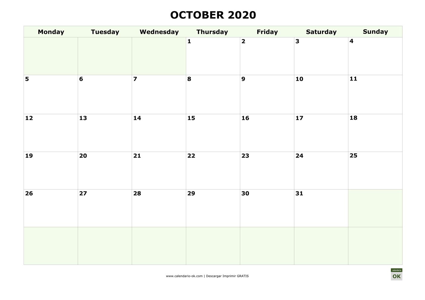 OCTUBRE 2020 calendario en INGLES