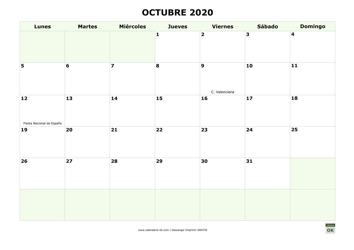 OCTUBRE 2020 con días FESTIVOS DE COMUNIDADES AUTONOMAS