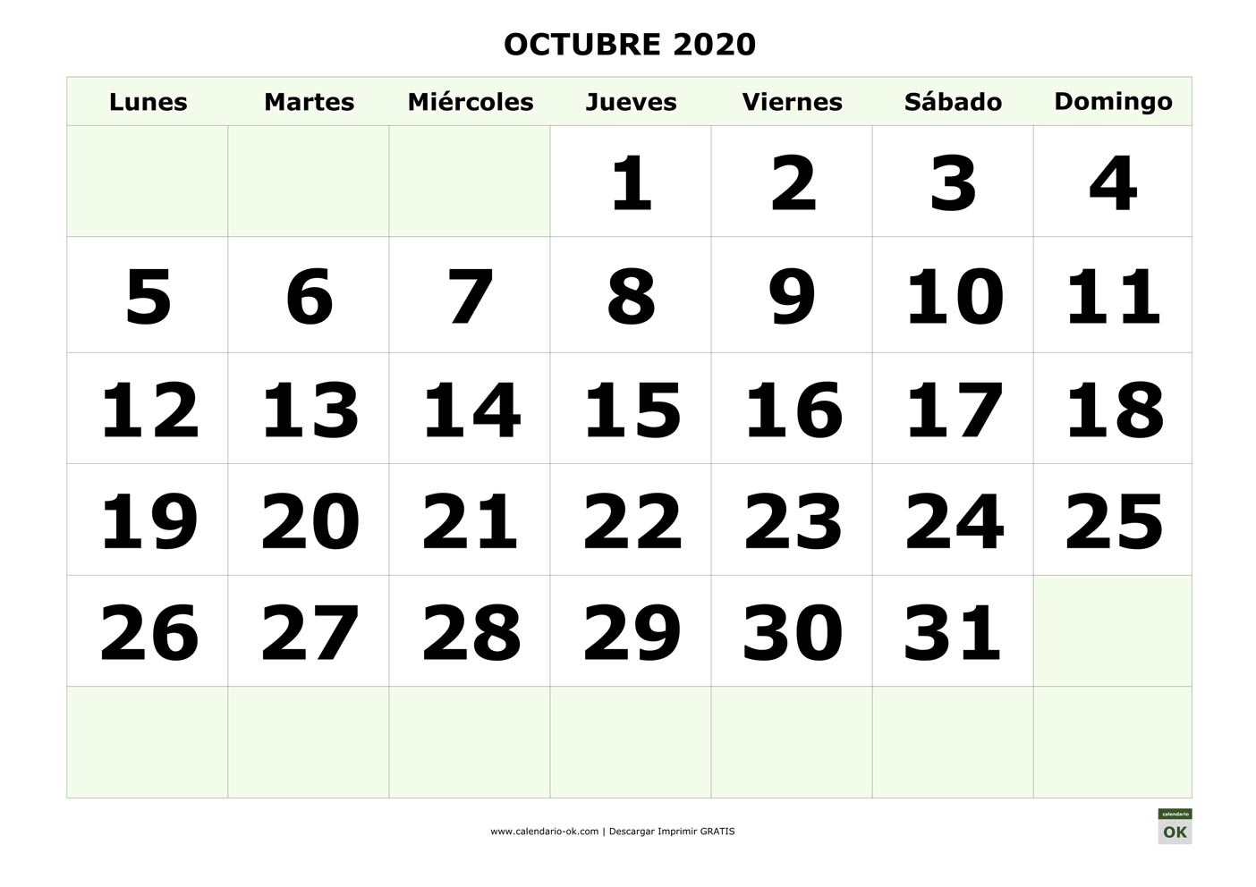 OCTUBRE 2020 con NUMEROS GRANDES