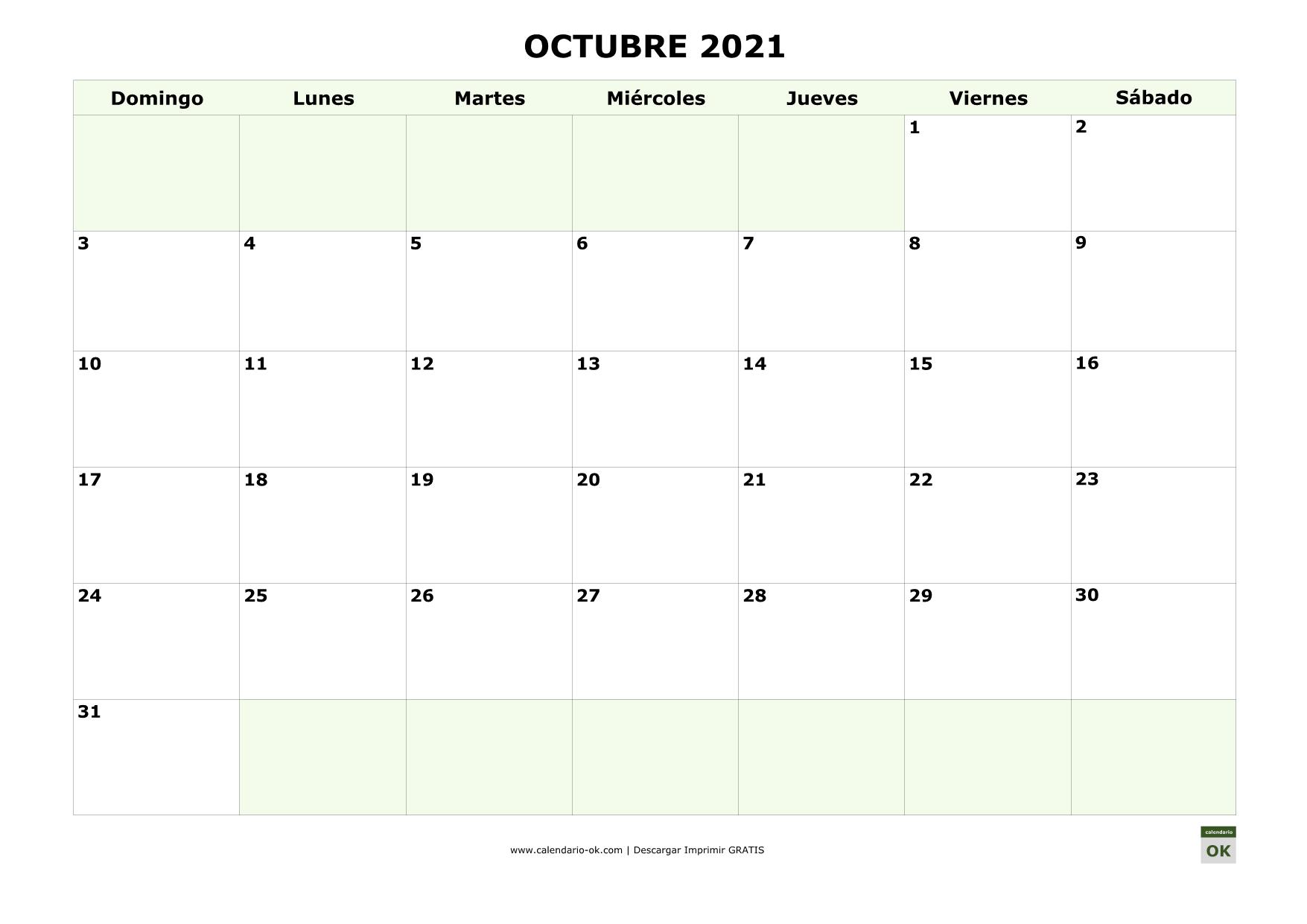 Plantilla Calendario 【OCTUBRE 2021】 para IMPRIMIR PDF