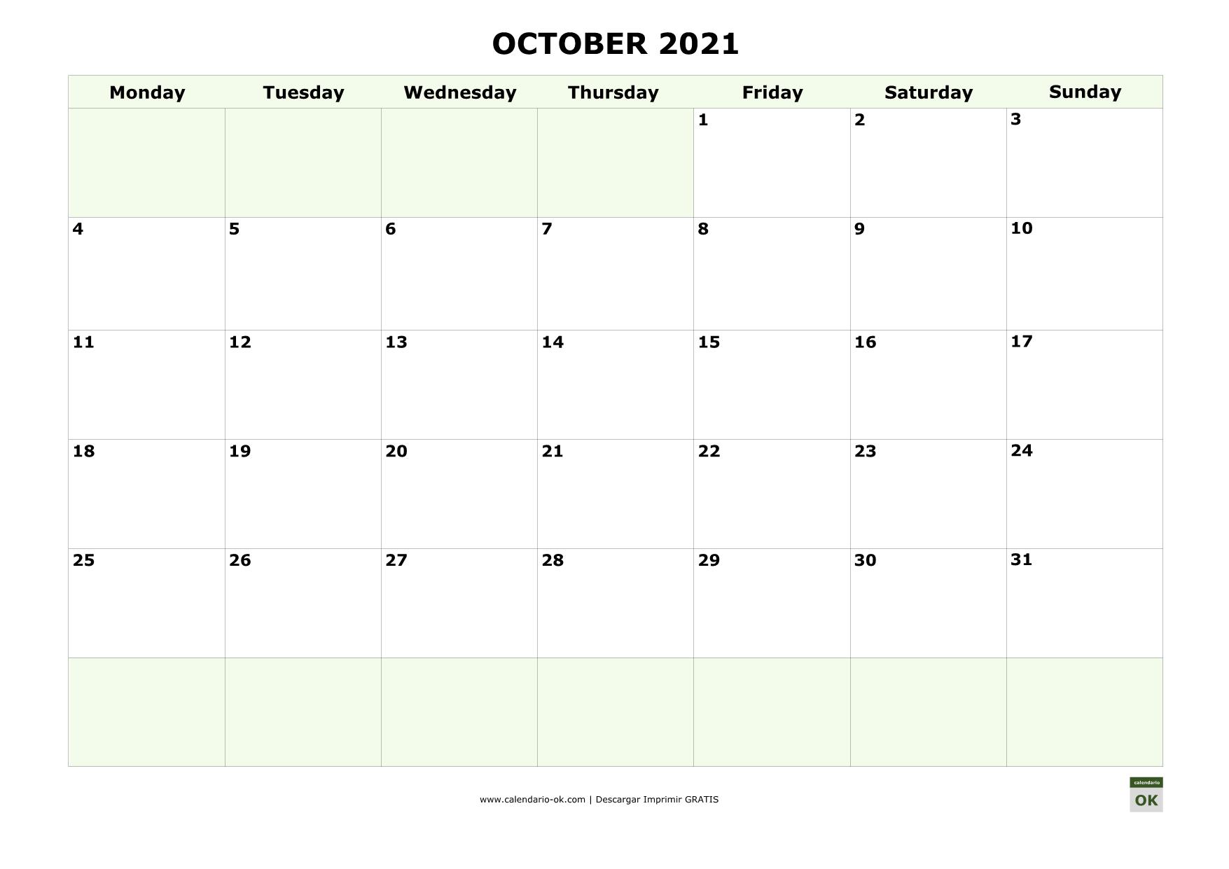 OCTUBRE 2021 calendario en INGLES