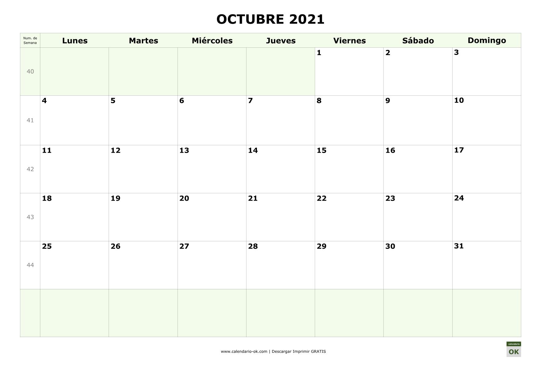 Plantilla Calendario Octubre 2021 Para Imprimir Pdf