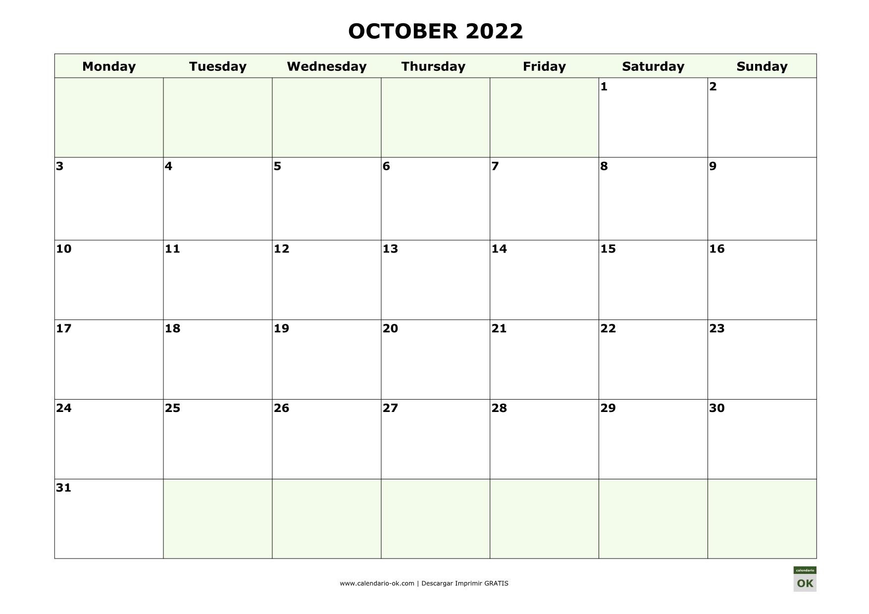 OCTUBRE 2022 calendario en INGLES