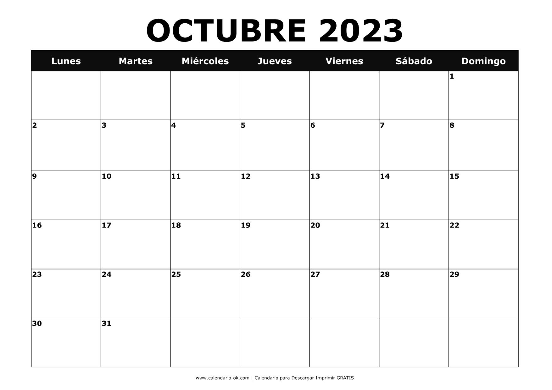 Plantilla Calendario 【OCTUBRE 2023】 para IMPRIMIR PDF