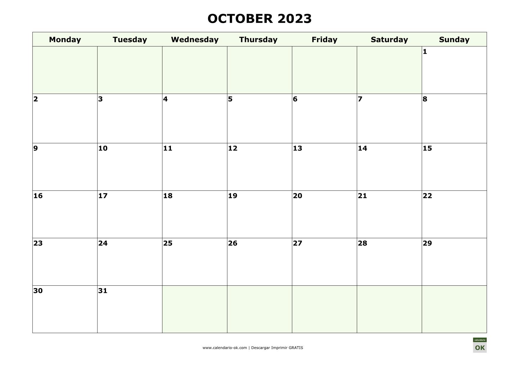 OCTUBRE 2023 calendario en INGLES