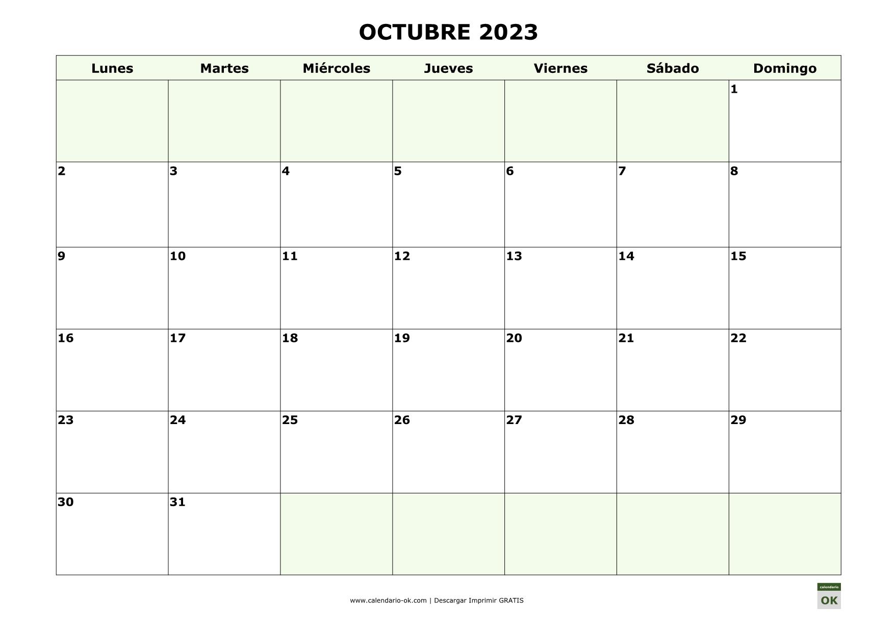 Calendario octubre imprimir 2023