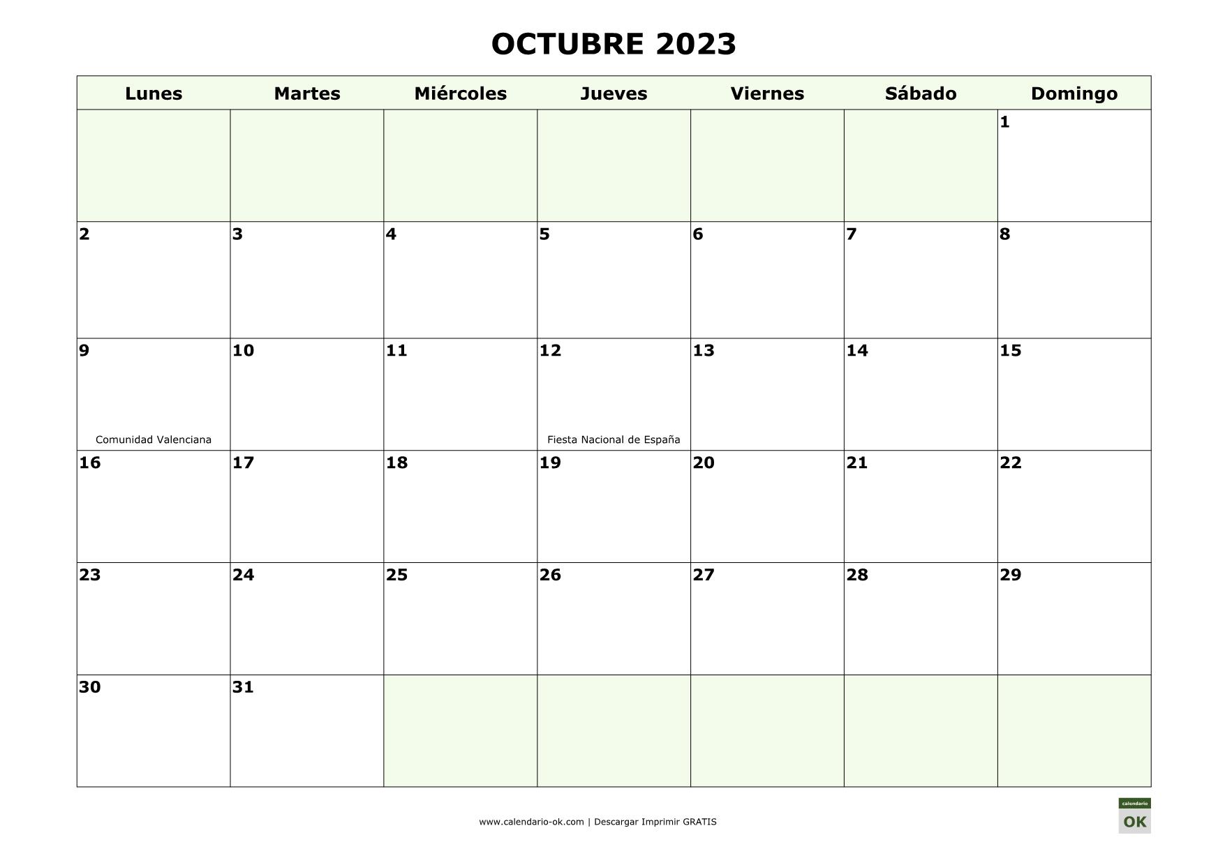 OCTUBRE 2023 con días FESTIVOS DE COMUNIDADES AUTONOMAS