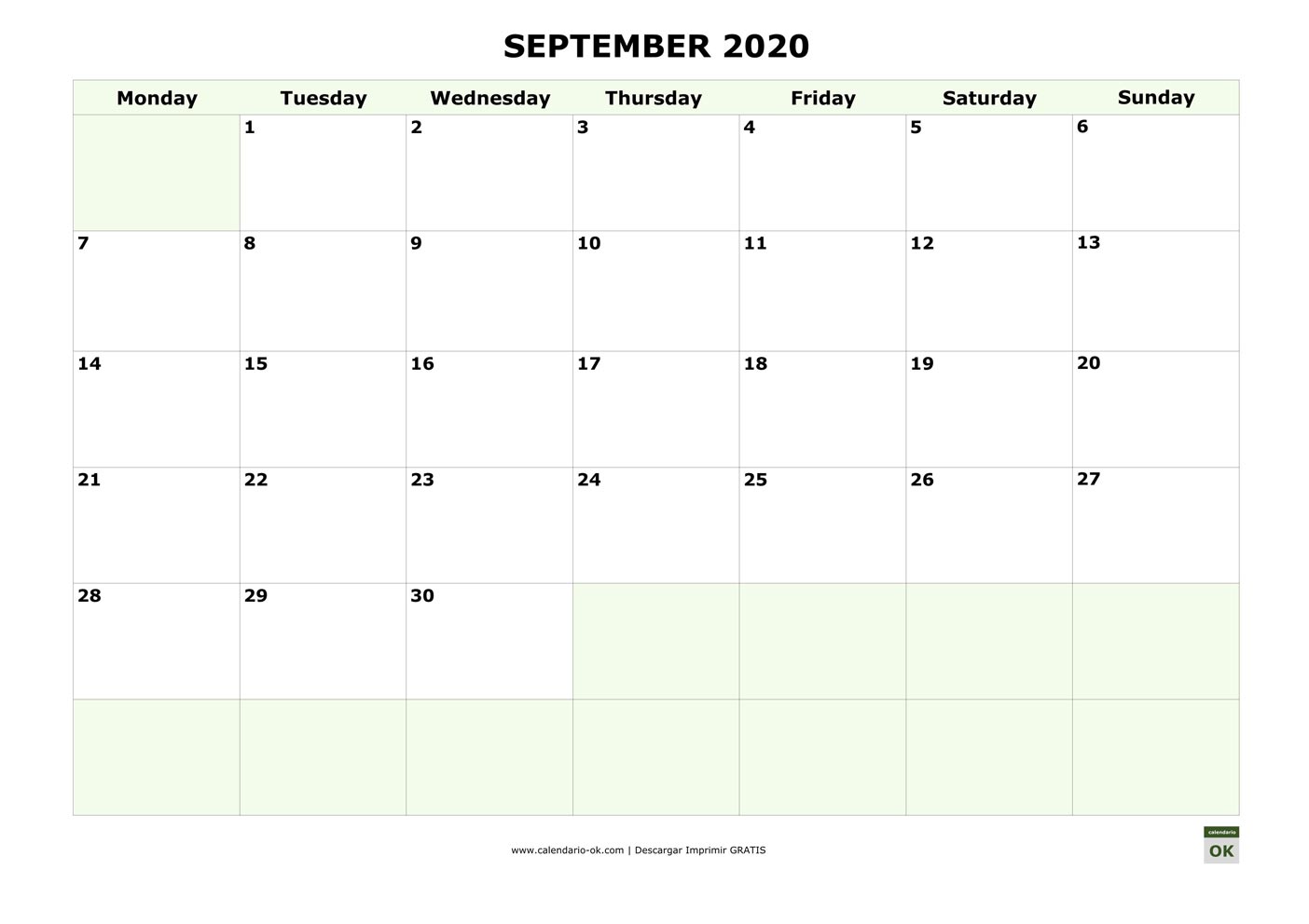 SEPTIEMBRE 2020 calendario en INGLES
