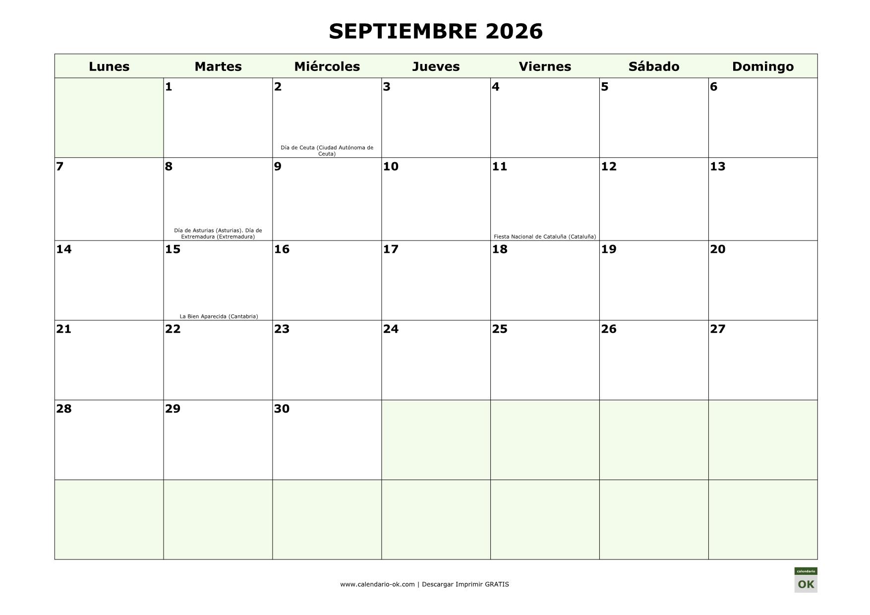 Calendario septiembre 2026 con días festivos de las Comunidades Autónomas para imprimir en A4